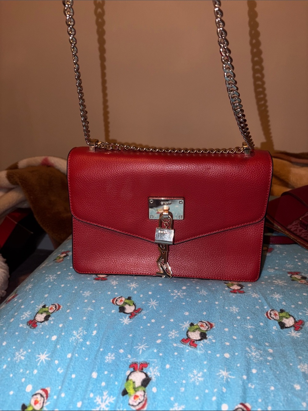 DKNY Red Leather Chain Crossbody Bag with Silver Hardware